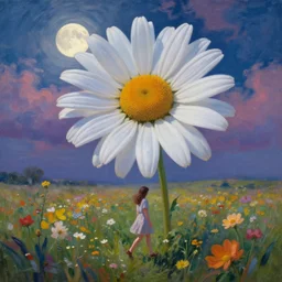 giant daisy flower as a head, girl walking in flower field, surreal photography, moon light, dramatic, impressionist painting, colorful clouds, digital painting, artstation, simon stalenhag