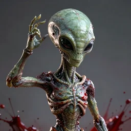 alien, big head, dramatic pose, blood splatters, 8 k, hyperrealistic, octane render, dramatic