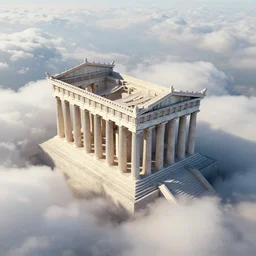 Up in the sky. Olympian Temples built on clouds. Bird's eye view. Detailed, digital rendering.