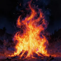 highly detailed illustration of an amazing colorful fire in the middle of the night by kilian eng, moebius, nico delort, oliver vernon, joseph moncada, damon soule, manabu ikeda, kyle hotz, dan mumford, otomo, 4 k resolution