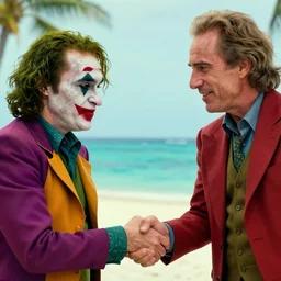 closeup picture of the joker and jeffery epstein shaking hands on a tropical island with a beach house in the background on a sunny day, 8 k, very detailed, very intricate,