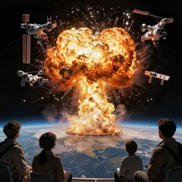 explosion on a distant world while the orbiting space station watches anxiously, science fiction, concept art