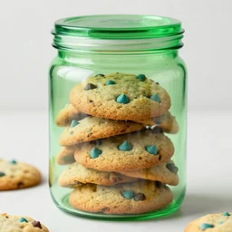 blue chocolate chip cookies in a green translucent jar