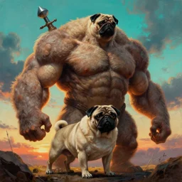 muscular humanoid hybrid pug dog with weapon and anthropomorphic human oversized mutant proportions and very hairy body , backlight  body , extreme very textured detailed intricate  painting by rembrandt, sunset, dramatic clouds cyan atmosphere