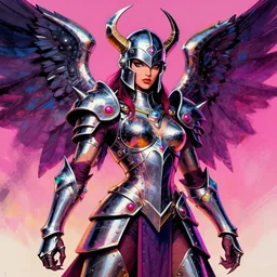 portrait of strong iranian female chaos angel, beautiful! coherent! by frank frazetta, by brom, strong line, vivid neon color, spiked scrap metal armor, iron helm maximalist