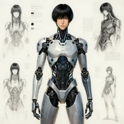wide shot portrait of a young male japanese cyberpunk android, artwork by adolph menzel, ghost in the shell production design