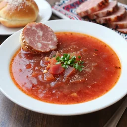 one plate of borscht, pampushka and salo, hyper realistic, extremely detailed, food photo, ethnic background, epic lightning, yamy yamy