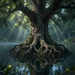 massive lake, massive tree, roots, treant, subtle patterns, reflections, intricate texture, highly detailed, alien world, magical spores, glistering, fungal, light shafts, light diffusion, natural, fireflies, magical, ferns,