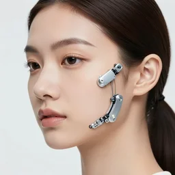 photo of young woman, close up, with small robotic parts with led lights over her face and shoulders, small led lights, white background, from the movie 2001 A Space Odyssey