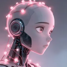 close up sideview emotional perfect cyborg face wrapped in pink string lights, sketch illustration, disney concept art, soft glow, dappled light, portrait art, backlit, indie studio, fantasy, rim lighting, intense, powerful, emotional, powerful, epic composition, noise, texture, rule of thirds, dappled light,