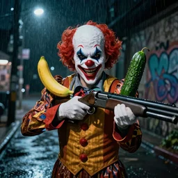 A double-barreled shotgun. The left barrel is a banana, the right barrel is a cucumber. An evil clown is holding the shotgun while smiling menacingly. A dark, graffiti-ridden street on a rainy night in the background.