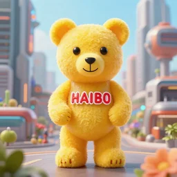 portrait of haribo bear in future city, color and shape focus, cnetral composition, natural light, bloom, puff, by simon stalenhag and rene magrit