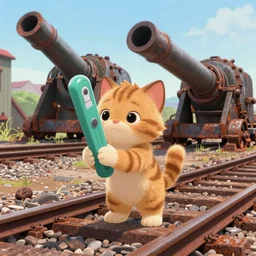 wholesome animation key shot, kitten explore an abandoned train yard, rust, railway guns, studio ghibli, pixar and disney animation, sharp, disney concept art watercolor illustration by mandy jurgens and alphonse mucha and alena aenami, pastel color palette, dandelion seeds, bloom!!! dramatic lighting
