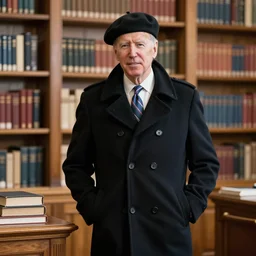 joe biden wearing a black peacoat and a beret, in a library, no tie, dean cornwell