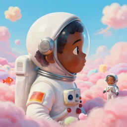 wide - angle profile face portrait of a tin toy of a black boy dressed like an astronaut in a cotton candy field, nicoletta ceccoli, mark ryden, lostfish, max fleischer, alan bean, hyper realistic, artstation, illustration, lowbrow, surreal, digital paint, matte paint, vivid colors, bright, cheerful, detailed and intricate environment
