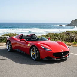 a still of a ferrari monza sp 2 parked along the pacific coast highway, ocean in the background, 8 k,