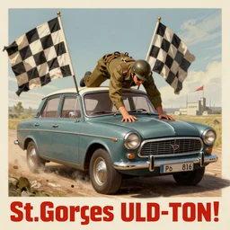 [St.Georges slaying a car adorned with checkered flag. Soviet Propaganda!!! poster!!!, elegant, highly detailed, digital painting, artstation, concept art, matte, sharp focus, illustration, octane render, unreal engine, photography]