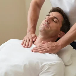 steve carell having tender neck massage to get relief for joints he has shirt on, masseur is a professional, he using extra pleasant and relaxing technique