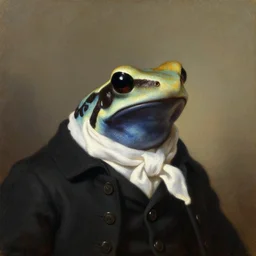 a head - and - shoulders portrait of an amazon milk frog wearing a black buttoned waistcoat with a white scarf, an american romanticism painting, a portrait painting, cgsociety, soft focus, oil on canvas