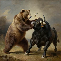 illustration of a bear fighting with a bull, realistic painting, classical painting, high definition, digital art, matte painting, very detailed, realistic
