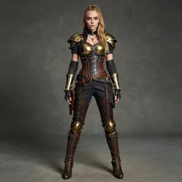 full body photo of cara delevingne as a steampunk warrior