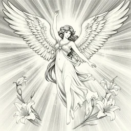 wings, goddess angel of tranquility. hyper detailed, character concept, full body, dynamic pose, intricate, lineart!! cerpuscular rays, lily flowers. by yoshitaka amano, alfons mucha and makoto shinkai. 8 k
