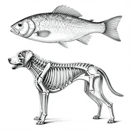 Schematic representation of anatomical skeletal structures of fish - dog hybrids, highly detailed, drawn by Leonardo da Vinci