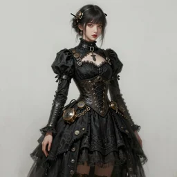 portrait painting of a girl wearing black steampunk dress by cedric peyravernay concept design, trending on artstation