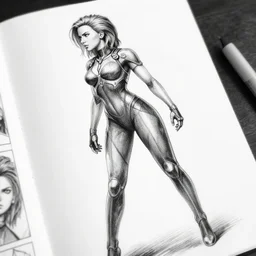 scarlett johansson, incredibly fine detailed, battle angel alita, black and white, dynamic angle, pencil and ink manga, elegant, full body profile, highly detailed, dramatic lighting, depths of field effect