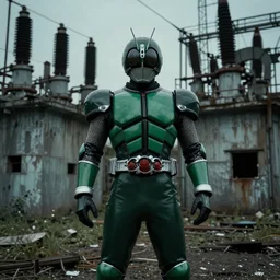 Arthurian Knight Kamen Rider standing in an abandoned electrical plant, rubber undersuit, chainmail, moody colors, dark green color scheme, 4k, glowing eyes in helmet, industrial environment, horror movie cinematography, electrical plant location, biomechanical elements, hyper realistic