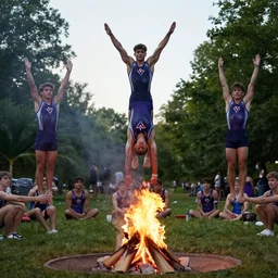 male college gymnasts performing stunts around a campfire