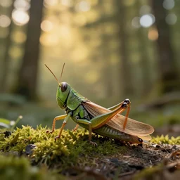 creature consisting of a grasshopper and a human, golden hour, photograph captured in a forest