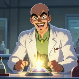 In the style of JoJos Bizarre Adventure: Wide shot of a handsome bald italian scientist with brown eyes and a full beard wearing a labcoat laughing maniacally at his glowing sparking creation on the table. His pose stance is unnaturally wide as he tilts his head looking directly at the camera with piercing eyes and flowing blue green aura emanates from his body, ultra high resolution, intricate details