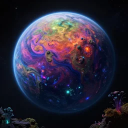an alien colorful planet into deep space, stunning bioma, bioluminescent vegetation, 8 k ray tracing render, ray tracing global light