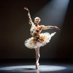 realistic photo of a blurred face of a man, covered in shriveling dead semi - translucent iridescent coral reef, emitting aura, in a ballet pose in a dark room with a spotlight shining on him 1 9 6 0, life magazine photo, natural colors, metropolitan museum, kodak, 8 k, very detailed, high resolution, product photo,