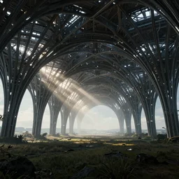 futuristic branching and vaulted steel structure stretching out across the countryside, beautiful dynamic lighting, cinematic, wide angle establishing shot, extremely high detail, photo realistic, cinematic lighting, post processed, concept art, artstation, matte painting, style by eddie mendoza, raphael lacoste, alex ross, volumetric lighting, light rays, photorealistic, ultrarealistic, moody, coronarender, 8k