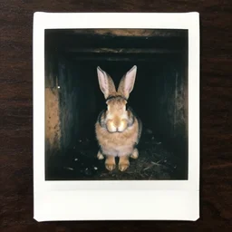 an eerie polaroid photograph of the rabbit looking back from inside the crawlspace,, nighttime, dimly lit, creepy