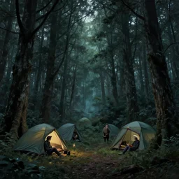 people camping in a forest of nightmares by Beksinski, 4k, masterpiece
