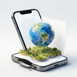 sketch of a phone, a planet and his landscape pop up in 3 d out of the screen