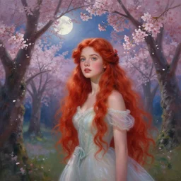 a beautiful painting of beautiful red haired fairy princess in a cherry blossom forest, volumetric lighting, moonlit by greg rutkowski and kalin popov, trending on artstation, masterpiece,