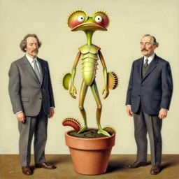 Portrait of a Venus Flytrap Guy Venus Flytrap disguised as a human standing atop a red clay pot salvador dali octavio ocampo jacek yerka winslow homer norman rockwell inio asano prismacolor tombow quill