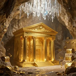 bank with gold archways in a cave, crystals hanging from ceiling illuminating the scene, no sunlight, treasure on walls, by peter mohrbacher dan mumford craig mullins nekro, cgsociety, pixiv, volumetric light, 3 d render