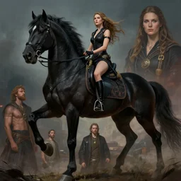 masterpiece concept art, a beautiful highly detailed destiny lady rides a giant black horse, cinematic moody colors, realistic shaded lighting poster by ilya kuvshinov, magali villeneuve, artgerm, jeremy lipkin and michael garmash and rob rey