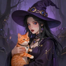 elaborately ultradetailed portrait of a gorgeous witch and her orange cat, dreamscape, dramatic lighting, fantasy art illustration, trending on artstation, Aetherpunk,