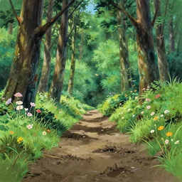 deep muddy forest on a sunny day walkway panorama, blooming, very traditional gouache painting gouache by makoto shinkai disney pixar kyoto animation