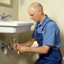 a balding white man,, slim, wearing plumber uniform, norman rockwell painting, fixing sink