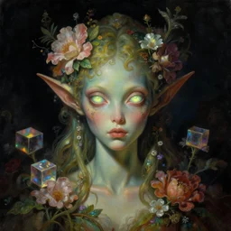 baroque neoclassicist close - up portrait of an alien elf nymph with glowing eyes overgrown with flowers and cubes. iridescence. dark black ominous background, glowing atmosphere. highly detailed science fiction horror fantasy painting by norman rockwell, frank frazetta, and syd mead. rich colors, high contrast, gloomy atmosphere. trending on artstation and behance.