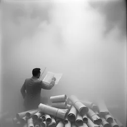 1 9 4 0 s album photo of an orchestra playing in thick fog, surrounded by rolls of newspaper