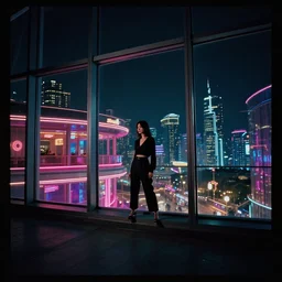 vertical movie frame, girl in 6 0's retro club, editorial, fashion, neon - decorated urban on night in the city seen through the window, modern architecture design, vintage, night, blade runner, dark, clean lines, asian futuristic city at distance, big windows, octane, wide angle