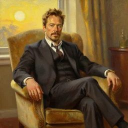 detailed oil painting of tony stark sitting in an armchair in a room with the setting sun, by thomas kinkade, rembrandt, golden hour